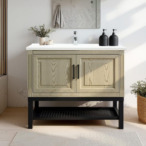 36 in. Single Sink Freestanding Bathroom Vanity with Top, White Ceramic Sink and MGO Beige Cabinet, with 1-Hole Faucet