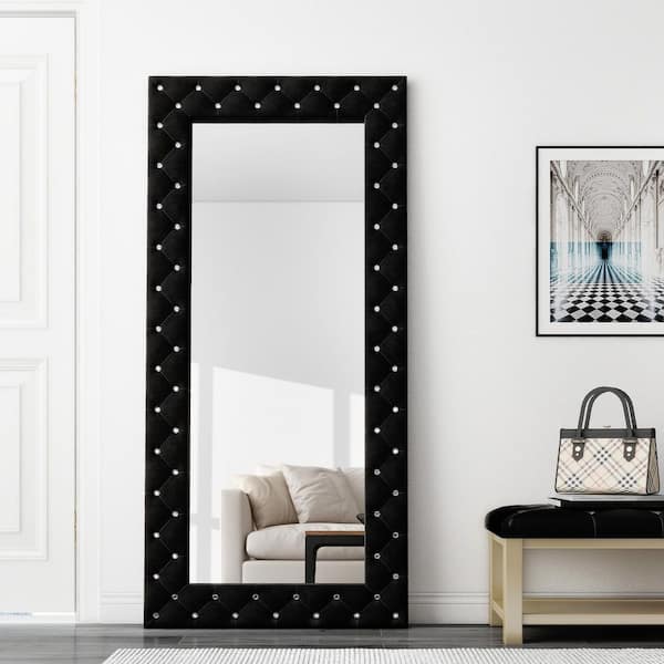 Black 33.5 in. W x 70.3 in. H Rectangle Crystal Tufted Large Floor Mirror