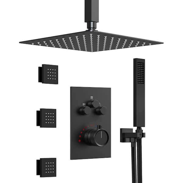 MultiplePress Dual 7-Spray Ceiling Mount 12 in. Square Fixed and Handheld Shower Head 2.5 GPM in Matte Black
