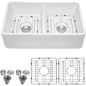 32 in. Farmhouse/Apron-Front 50/50 Double Bowl White Ceramic Kitchen Sink with Bottom Grids and Strainer