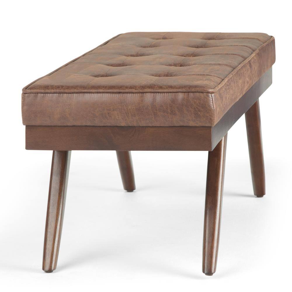 Pierce Distressed Umber Brown Faux Leather Tufted Mid-Century Ottoman Bench