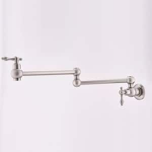 Wall Mounted Pot Filler with Double Joint Swing Arms 1 Hole Two Handle Brass Folding Kitchen Faucets in Brushed Nickel