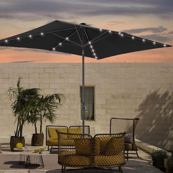 6 ft. x 9 ft. LED Rectangular Patio Market Umbrella with UPF50+, Tilt Function and Wind-Resistant Design in Black