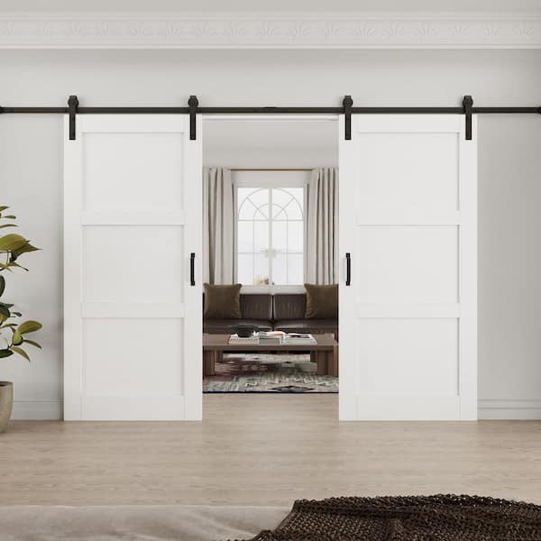 72 in. x 80 in. Paneled 3 Lite White Primed MDF Sliding Barn Door with Hardware Kit