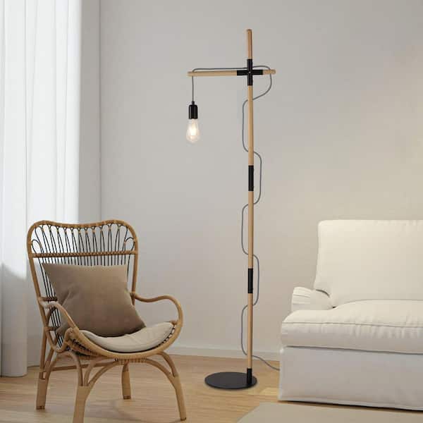 Modern 56 in. 1-Light Black Wood Standard Floor Lamp for Living Room with Foot Switch, E26 Base