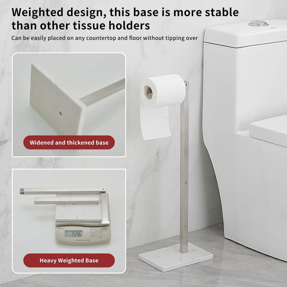 Brushed Nickel Freestanding Toilet Paper Holder with Marble Base