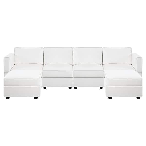 MAYKOOSH 112.6 in. W White Linen 1 Piece 4-Seater Sofa with Double Ottoman with Storage Sectional Sofa Living Room Suite