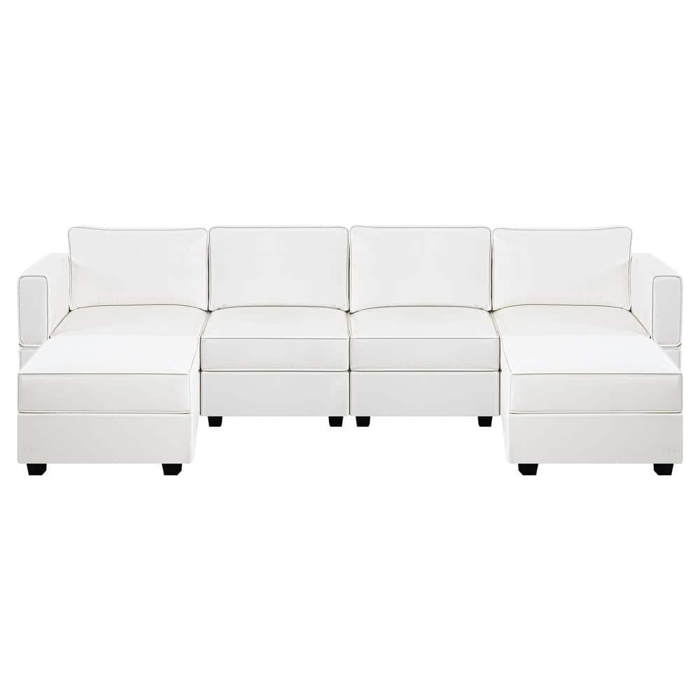 112.6 in. W White Faux Leather 4-Seater Sofa with Double Ottoman with Storage, Sectional Sofa 1 Piece Living Room Suite -  MAYKOOSH, 50096MK