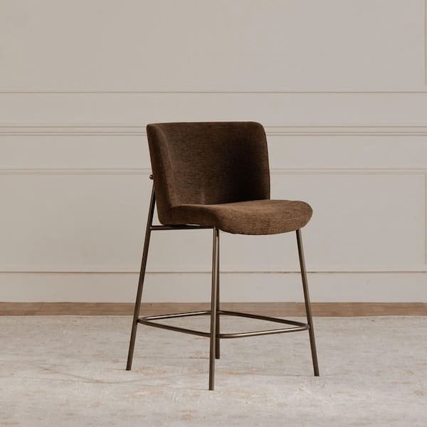 Amaris 41 in. Dark Brown Faux Mohair Upholstered Iron Bar Stool with Curved Back and Slim Frame