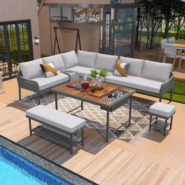 Unbranded Gray 6-Piece PP Rope and Steel Patio Sectional Seating Set with Acacia Wood Table and Gray Cushions
