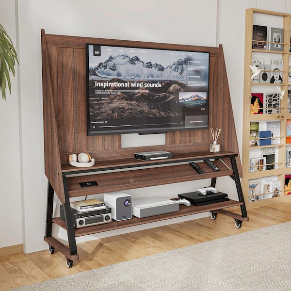 Espresso Wood Entertainment Center Fits TVs up to 65 in. with Rolling Wheels, Mounting Bracket, Dual USB Outlets
