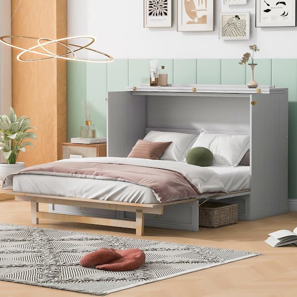 Qualler White Wood Frame Queen Murphy Bed with A Large Drawer