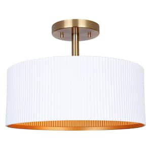 REXTON 13 in. 2-Light 60-Watt Contemporary Matte White Semi- Flush Mount with Matte White with Gold Metal Shade