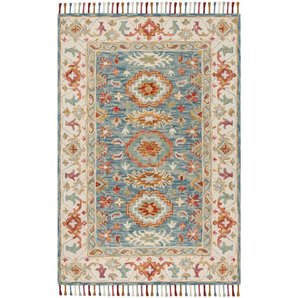 Blue Floral Handmade Tufted Wool 4' x 6' Area Rug