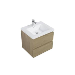 24 in. W Single Sink Wall-Mounted Natural Oak Bath Vanity with White Resin Top Unassembled