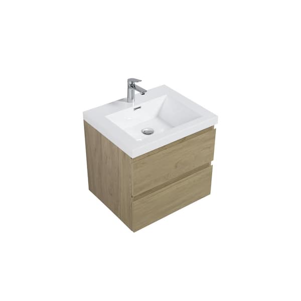 Dimakai 24 in. W Single Sink Wall-Mounted Natural Oak Bath Vanity with White Resin Top Unassembled