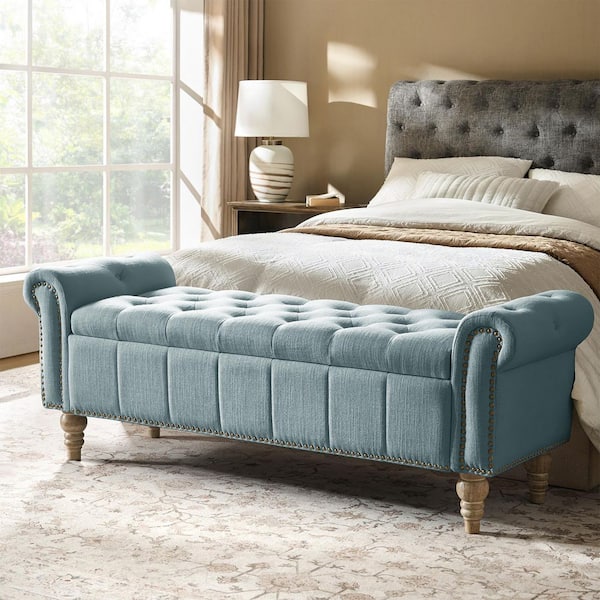 Joan Blue Traditional Upholstered Button Turfed Storage Bench with Nailhead Trims
