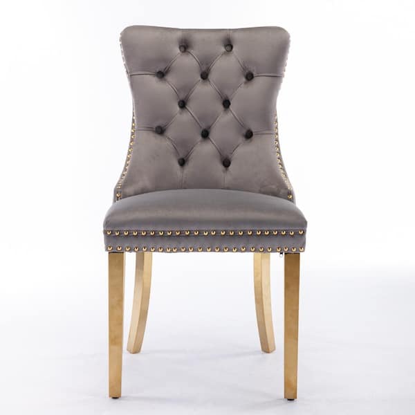 Gray Velvet Upholstered Dining Chair with Tufted Back, Nailhead Trim, and Gold Stainless Steel Legs, Set of 2