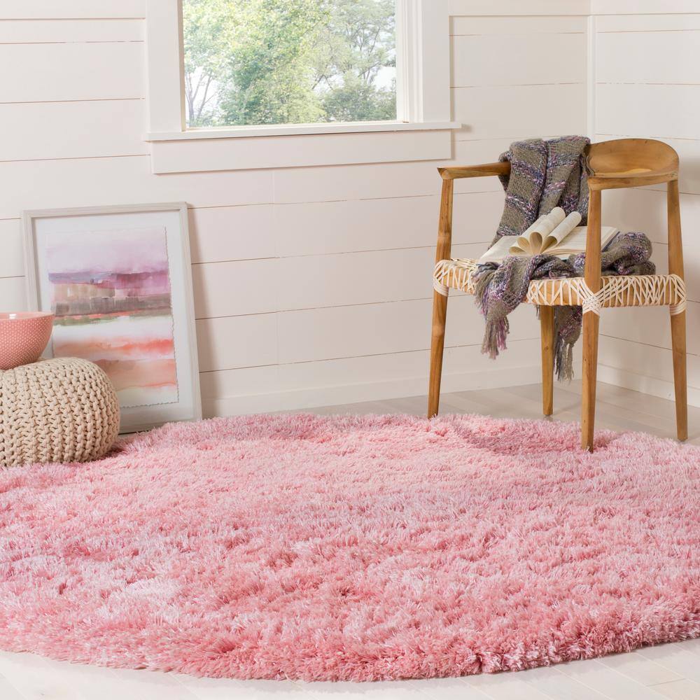 Round Light Pink Shag Synthetic Easy Care Area Rug