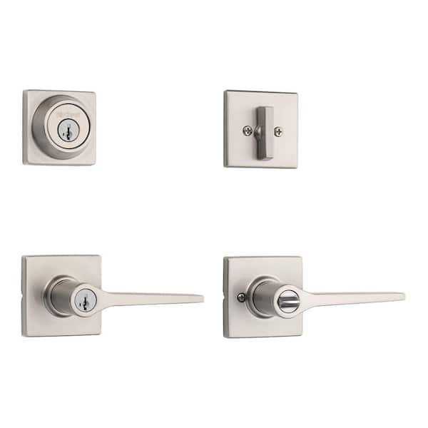 Kwikset Hollis Satin Nickel Keyed Entry Door Lever and Single Cylinder Deadbolt Combo Pack featuring SmartKey Security