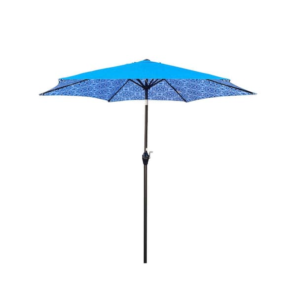blue patterned patio umbrella LAGarden 6ft Outdoor Wood Market Scalloped Edge 8-Rib foot umbrella Cotton Garden Umbrella, Block Print
