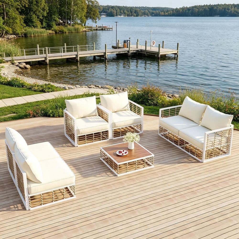 7-Piece White Metal Patio Conversation Set with Beige Cushions and Coffee Table for Outdoor