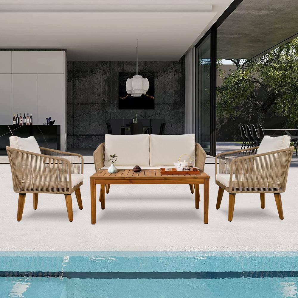Natural 4-Piece Wood Patio Conversation Set with Rectangle Coffee Table and Beige Cushions price history on PriceWatchPro