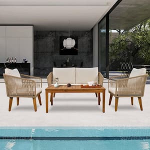 Natural 4-Piece Wood Patio Conversation Set with Rectangle Coffee Table and Beige Cushions