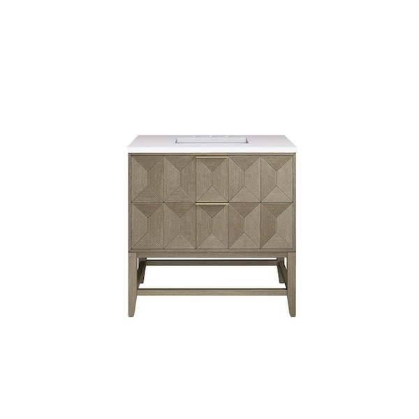 James Martin Vanities Emmeline 36.0 in. W x 23.5 in. D x 37.2 in. H Bathroom Vanity in Pebble Oak with White Zeus Qt. Top