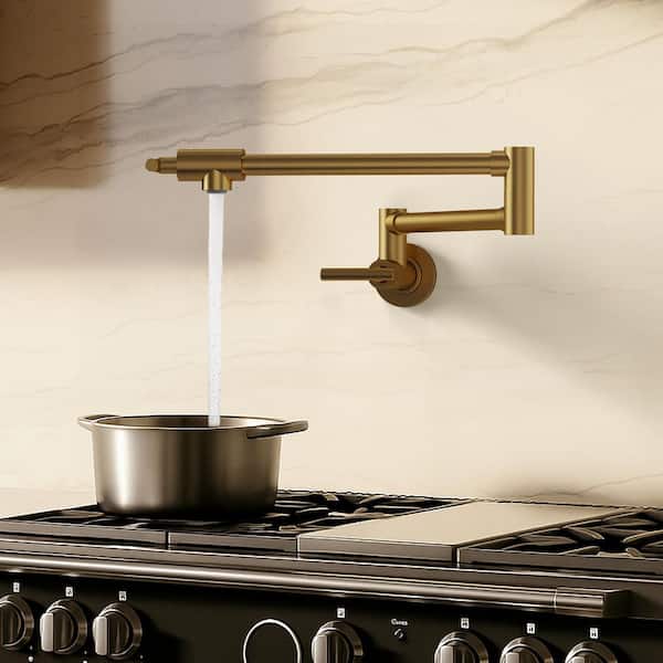 21.26 in. Pull-Down Kitchen Faucet LED Base with Wall Mounted Pot Filler in Brushed Gold