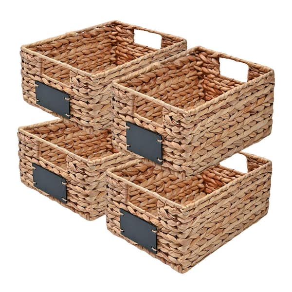 Lane 12 in. x 5.12 in. Farmhouse Metal/Hyacinth Natural Pantry Decorative Baskets with Labels and Handles (Set of 4)