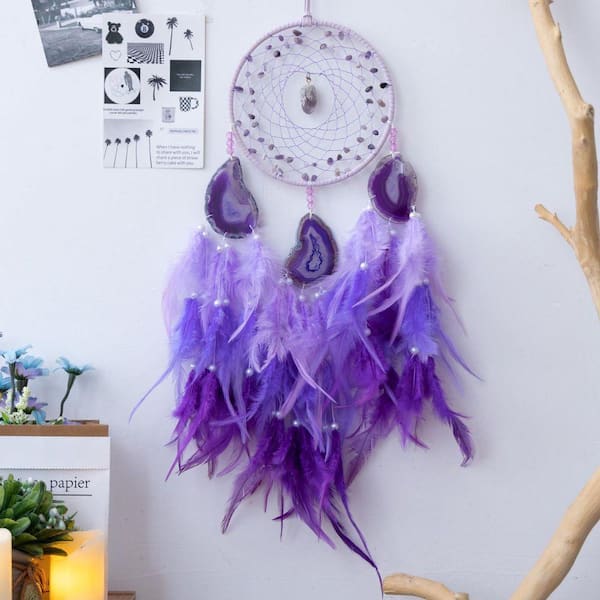 Purple Agate Dream Catcher-Handmade Feather & Crystal Wall Decor