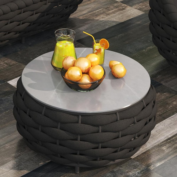 TWT Black Round Aluminum Patio Outdoor Side Table with Rock Slabs