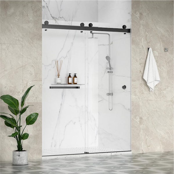 SolaFP 62-66 in. W x 84 in. H Double Sliding Frameless Shower Door in Matte Black with 3/8 in. Clear Glass