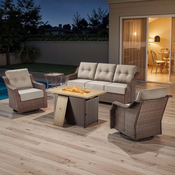 Artisan Brown 5-Piece Wicker Outdoor Patio Fire Pit Conversation Set with Beige Cushions and Swivel Gliders