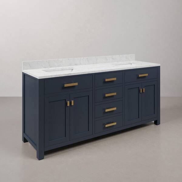Madison 72 in. W x 21.5 in. D x 34 in. H Double Sink Bath Vanity in Monarch Blue with Carrara White Marble Top
