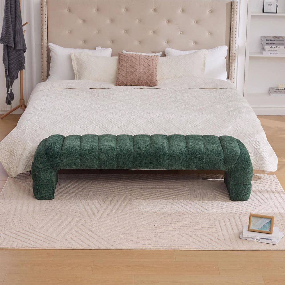 69.7 in. Green Channel Tufted Chenille Bed Bench-Storage Ottoman Foot Stool for Living Room and Bedroom, Entryway