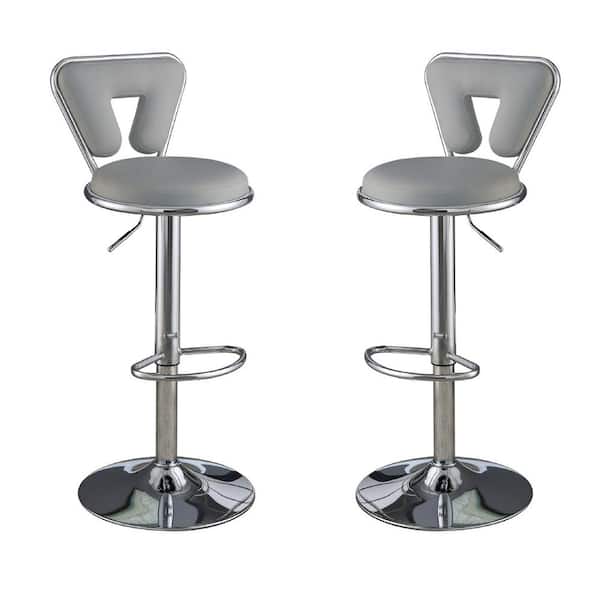 SIMPLE RELAX 34 in. Grey Mid Back Chrome Metal Bar Stool with Faux Leather Padded Seat Set of 2 SR011643