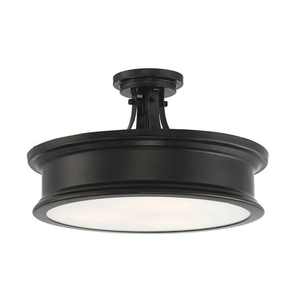 Savoy House Watkins 16 in. W x 9.25 in. H 3-Light Classic Bronze Semi-Flush Mount Ceiling Light with Opal Glass Shade Cover