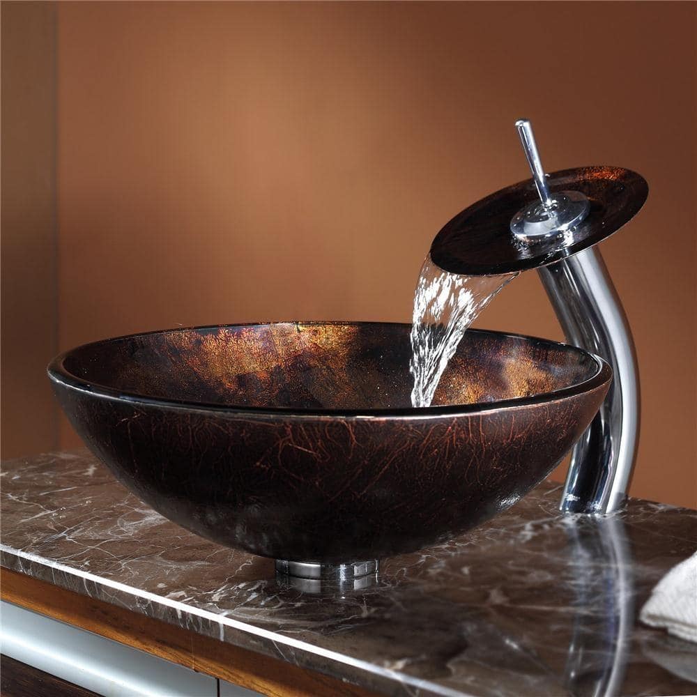 Copper Glass Round Vessel Bathroom Sink, 17 inch