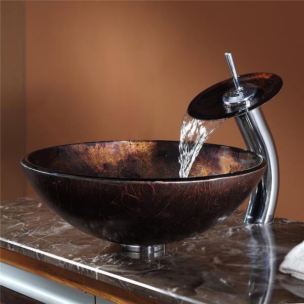 KRAUS Multi-Color 16.5 in. Round Vessel Bathroom Sink in Brown Glass