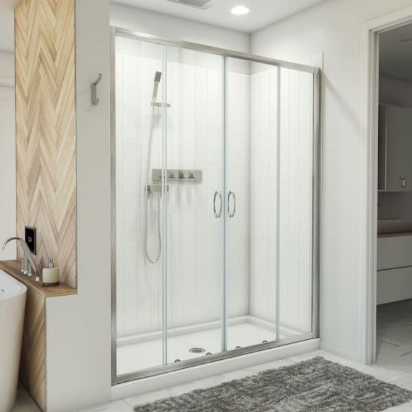 DreamLine Visions 32 in. D x 60 in. W x 78-3/4 in. H Sliding Shower Door Base and White Wall Kit in Brushed Nickel