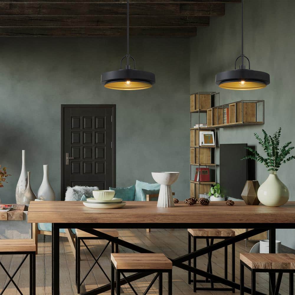 Odea 14" Matte Black Mid-Century Modern Pendant Light with Gold Interior