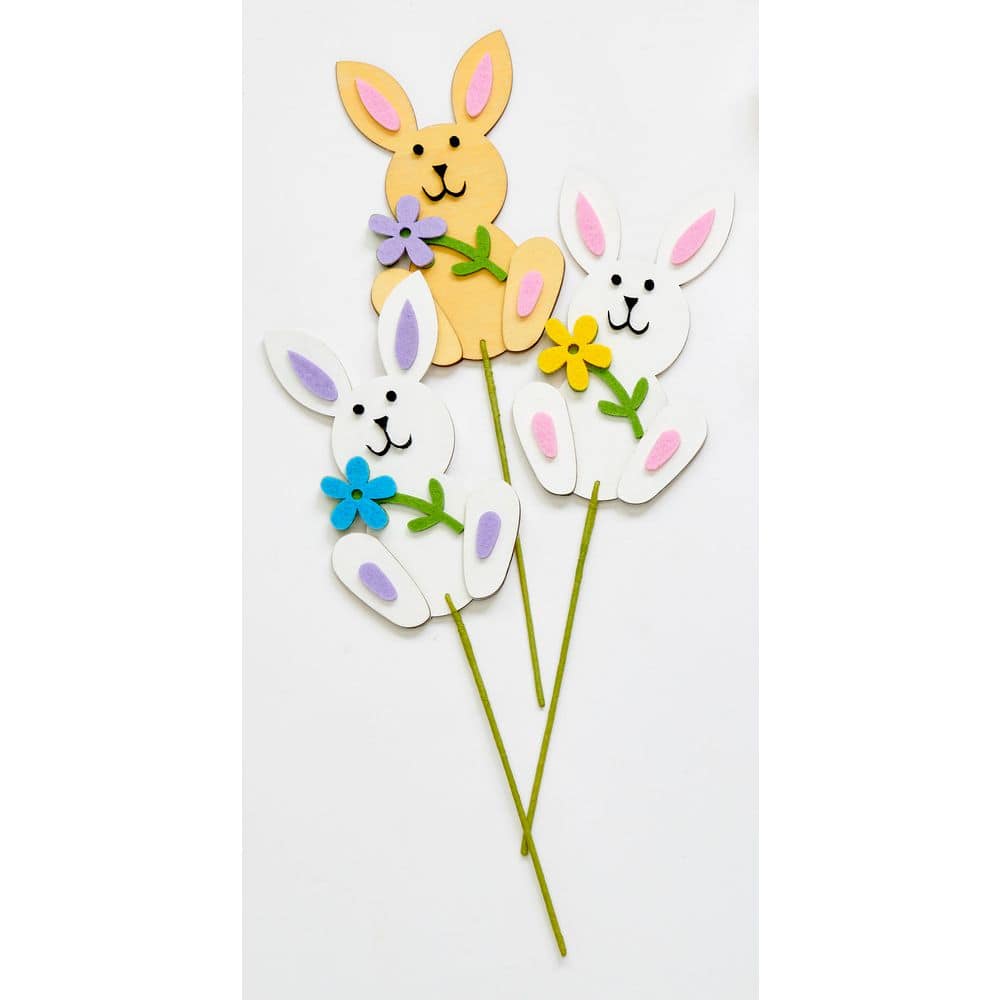 6 in Easter Wood Bunnies on 6.5 in Floral Pick, 3 Assorted, 9 Pieces