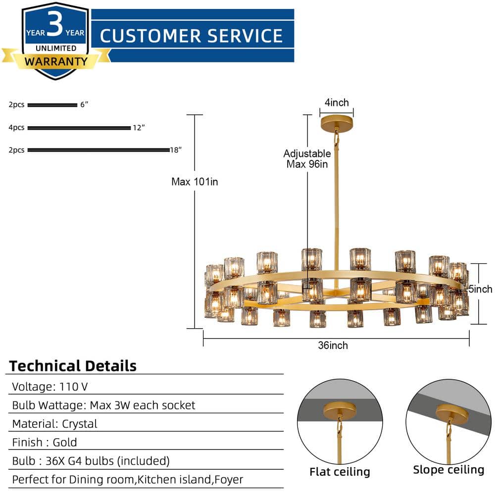 36-Light Gold Round Crystal Chandelier with LED Bulbs