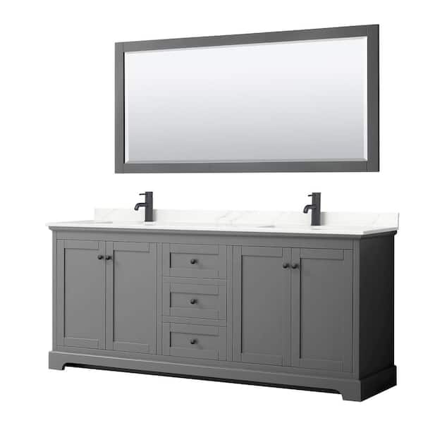 Wyndham Collection Avery 80 in. W x 22 in. D x 35 in. H Double Bath Vanity in Dark Gray with Giotto Quartz Top and 70 in. Mirror