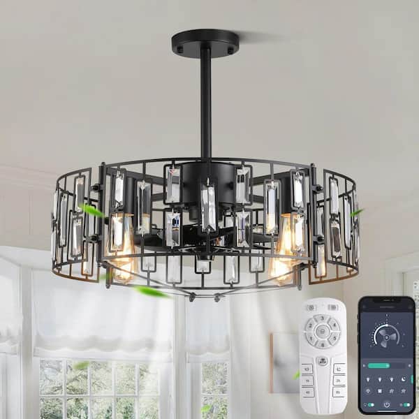 19.68 in. Indoor Black Crystal Caged Reversible Flush Mount Ceiling Fan with Light and Remote Included for Bedroom