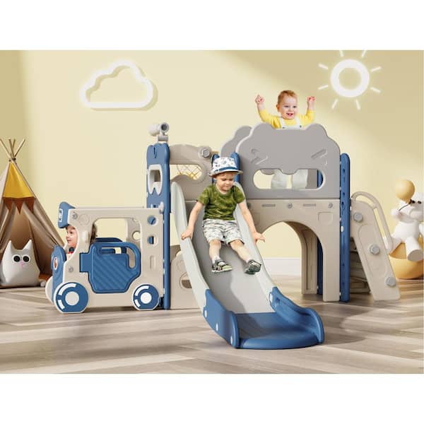 Zyan 7 ft. 9-In-1 Blue Gray Toddler Slide Kids Indoor Bus Slide for Toddlers 1-3, Indoor Outdoor Toddler Slide Playset