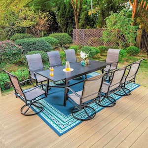 Black 9-Piece Metal Outdoor Patio Dining Set with Slat Extendable Table and High Back Padded Textilene Swivel Chairs