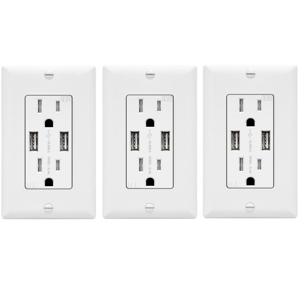 15 Amp 125-Volt Tamper Resistant 3.1 Amp USB Duplex Outlet Charger with Wall Plates, White (3-Pack) price history on PriceWatchPro